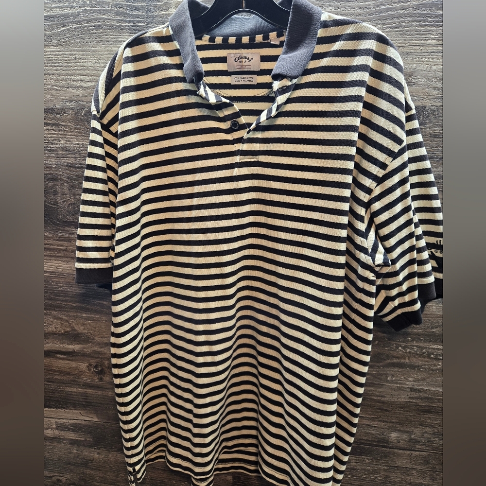 Callaway Golf Sport Men's Golf 100% Cotton Polo Black White Striped Size Large